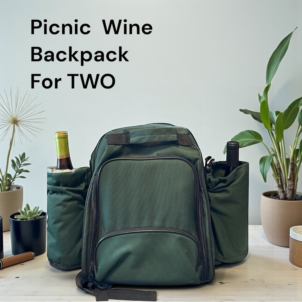 Green Picnic Wine Backpack for Two Complete Dining Set Bottle Holders Unisex